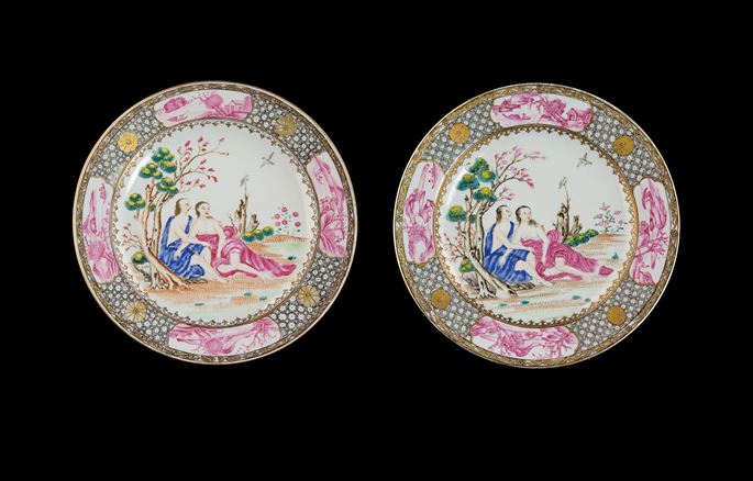 Set of 16 chinese export porcelain famille rose dinner plates with european subject | MasterArt